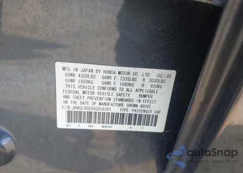 2005 Acura Tsx from USA, damaged, VIN JH4CL95855C018361